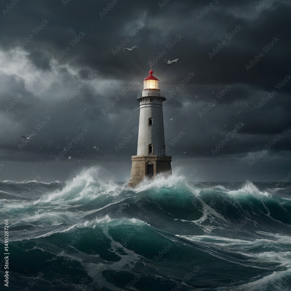 Lighthouse standing tall by the stormy sea on a coastal landscape Lighthouse standing tall by the stormy sea on a coastal landscape