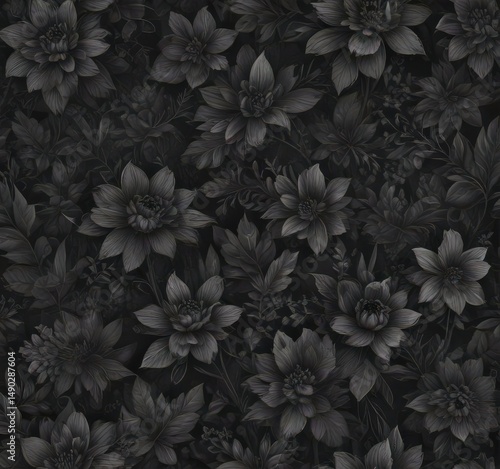 Wallpaper Mural Intricate charcoal floral wallpaper; abstract botanicals, dark tones, seamless pattern, texture, background,  repeat,  flower,  black Torontodigital.ca