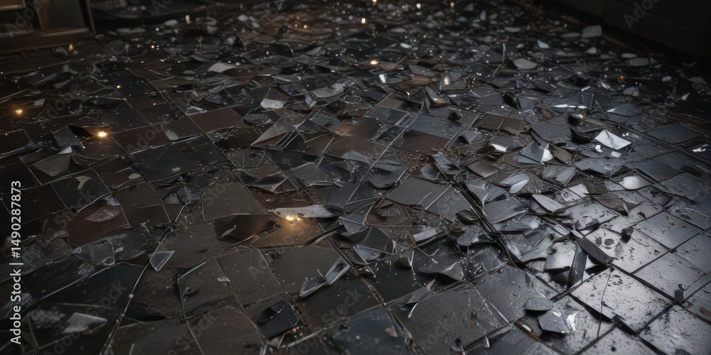 Fototapeta premium Broken glass shards, cracked tiles, exposed electrical wiring Dark, gritty floor , floor, gritty, neglect