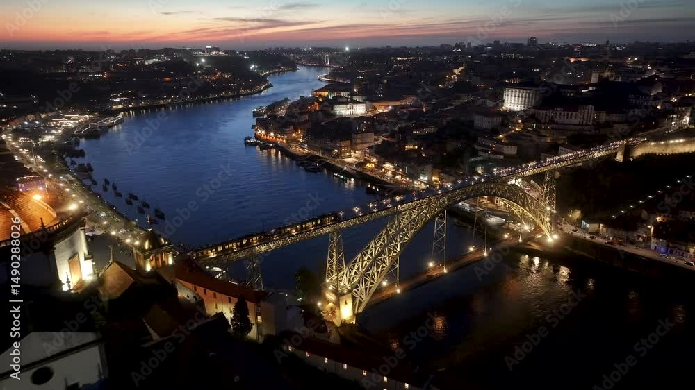 Sunset Luis I Bridge At Porto Porto District Portugal. Aerial View Of ...