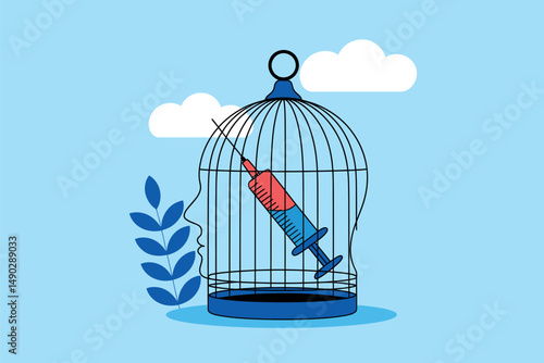 Syringe Inside Cage Representing Drug Addiction Trapping Mind, Human Head Cage Symbolizing Mind Trapped By Addiction