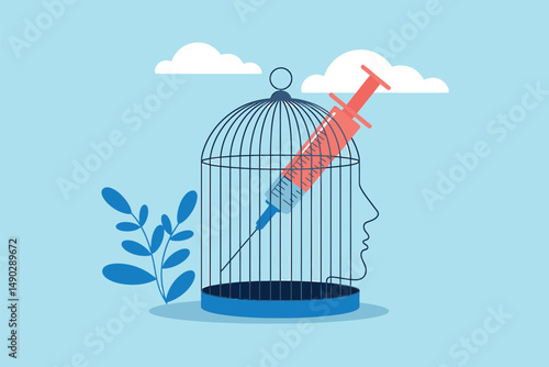 Syringe Inside Cage Representing Drug Addiction Trapping Mind, Human Head Cage Symbolizing Mind Trapped By Addiction