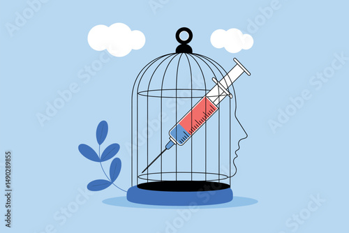 Syringe Inside Cage Representing Drug Addiction Trapping Mind, Human Head Cage Symbolizing Mind Trapped By Addiction