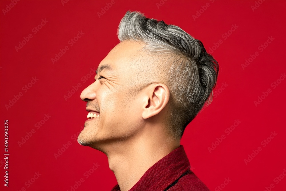 Fototapeta premium Red solid background. A modern and happy gentleman enjoying his moment. Modish men's disconnected undercut haircut - midlife asian man with short hair. Creative of style for aging men.