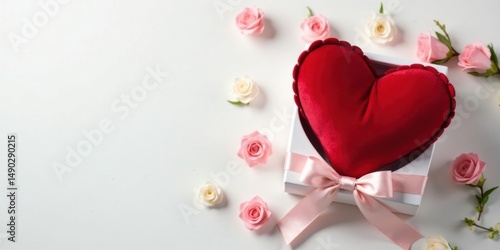 Romantic heart-shaped gift nestled in a pristine white box, adorned with a delicate pink ribbon and surrounded by a scattering of charming pastel roses, creating a scene of heartwarming affection.