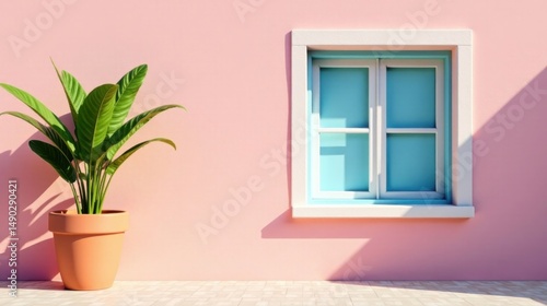 Serene Tropical Plant in Terracotta Pot Beside Pastel Pink Wall with Light Blue Window Frame