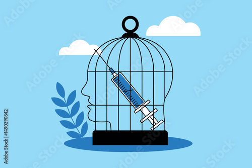 Syringe Inside Cage Representing Drug Addiction Trapping Mind, Human Head Cage Symbolizing Mind Trapped By Addiction