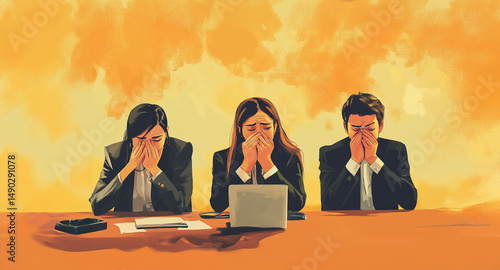 Sick businesswoman coughing at a seminar while colleagues fear the coronavirus and hide.. Generated image
