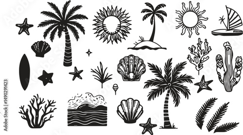 Summer boho vintage icon set. Hand drawn palm tree, sun and sea, seashells, coral, crab in naive groovy style. Tropical surf club concept, vacation and travel. Vector illustration
