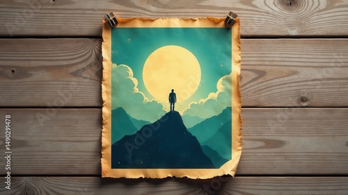 Wallpaper Mural A lone figure stands atop a mountain peak, gazing at a luminous moon in a serene nightscape, depicted on an aged paper poster pinned to rustic wood Torontodigital.ca