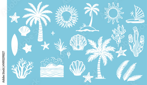 Summer boho vintage icon set. Hand drawn palm tree, sun and sea, seashells, coral, crab in naive groovy style. Tropical surf club concept, vacation and travel. Vector illustration