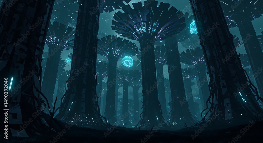 Obraz premium Abstract forest illustration with glowing canopies and blue light