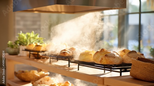 Freshly Baked Bread Cooling in a Cozy Kitchen with Steaming Aroma