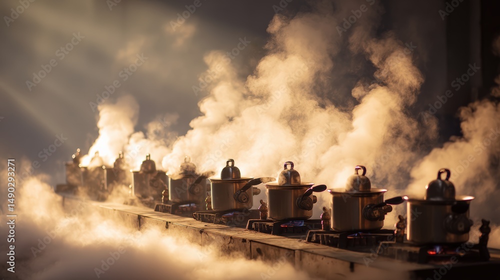 Fototapeta premium Steam Rising from Multiple Cooking Pots in a Dimly Lit Kitchen Setting