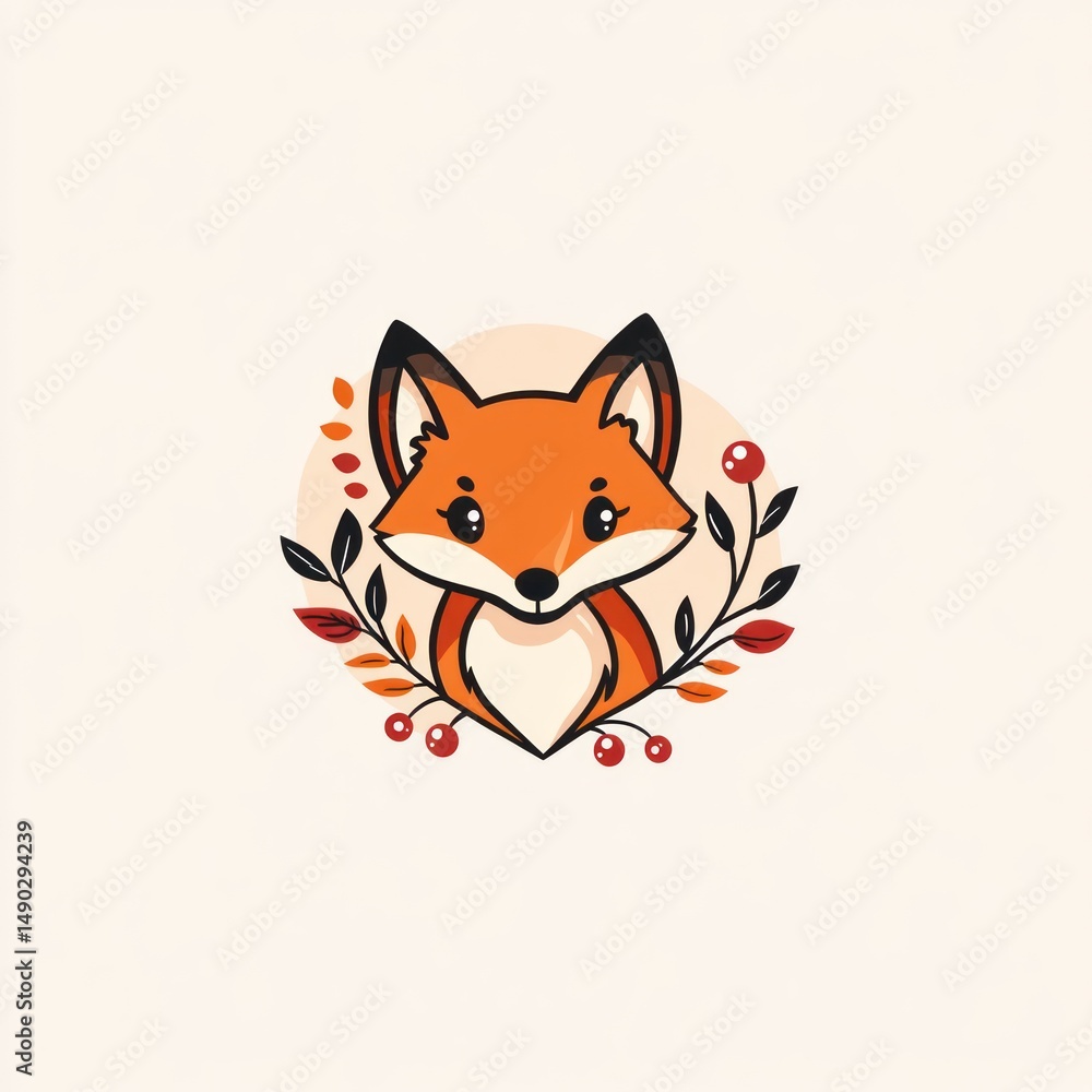 Obraz premium Adorable fox illustration, encircled by autumn leaves and berries