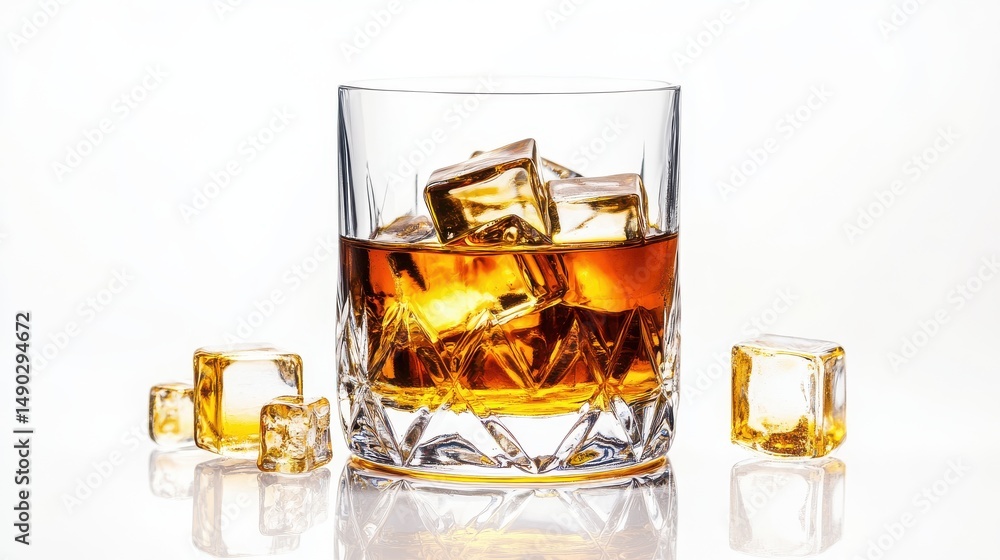 Glass of Whiskey with Ice Cubes and Golden Reflections on White Background. Glass of Whiskey with Ice Cubes and Golden Reflections on White Background.