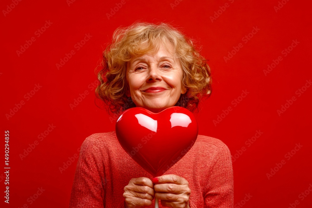 Professional studio illustration, copy space. Isolated white old woman on red background with lollipop heart in hands. Cute Valentine's Day greeting. Professional studio illustration, copy space. Isolated white old woman on red background with lollipop heart in hands. Cute Valentine's Day greeting.