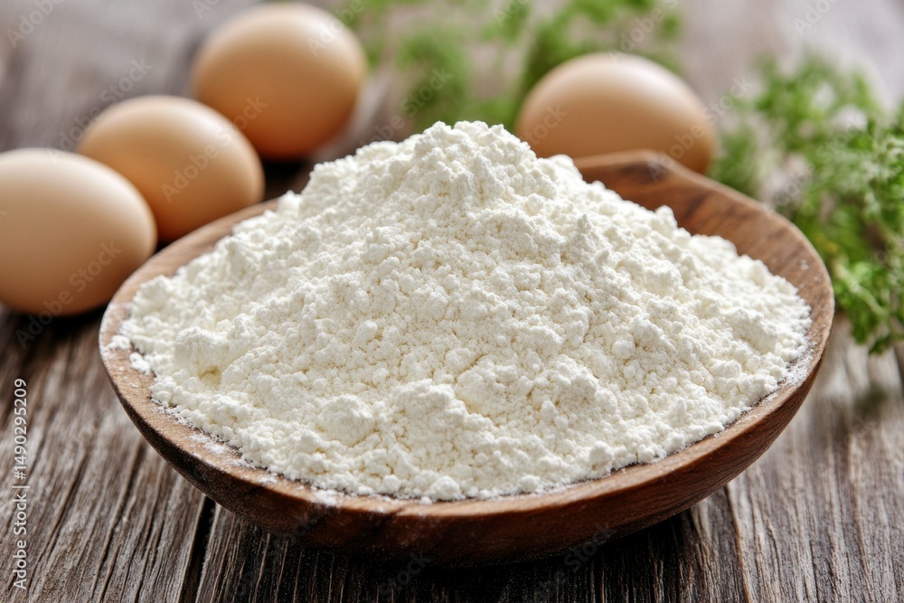 detailed visual of the flour and eggs on an wooden detailed visual of the flour and eggs on an wooden