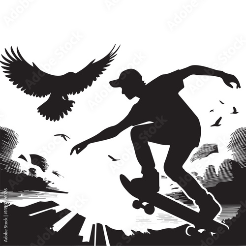 silhouette of a person playing skateboard, editable vector image