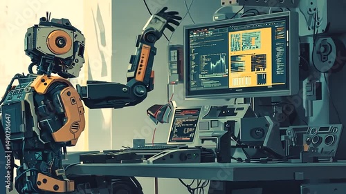 A futuristic robot analyzing data on multiple screens in a high-tech office environment