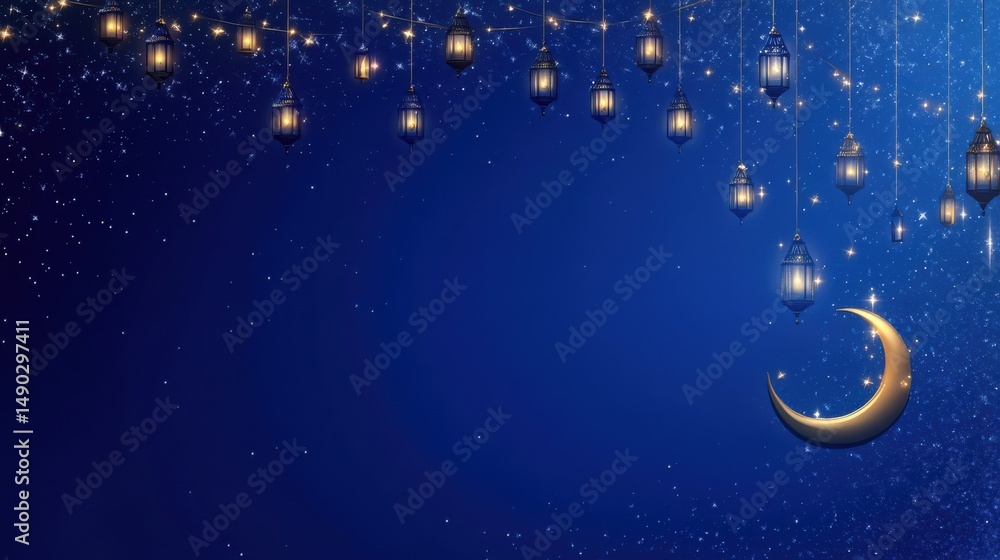 Fototapeta premium Magical Night Sky with Lanterns and Crescent Moon Background Design