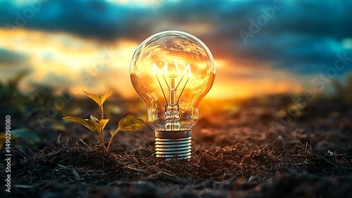 A glowing light bulb emerging from rich soil at sunset, symbolizing innovation and growth