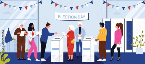 Election day, democratic referendum, government voting process, politics. People vote, diverse group of young and old characters standing in line to put paper ballot in box cartoon vector illustration