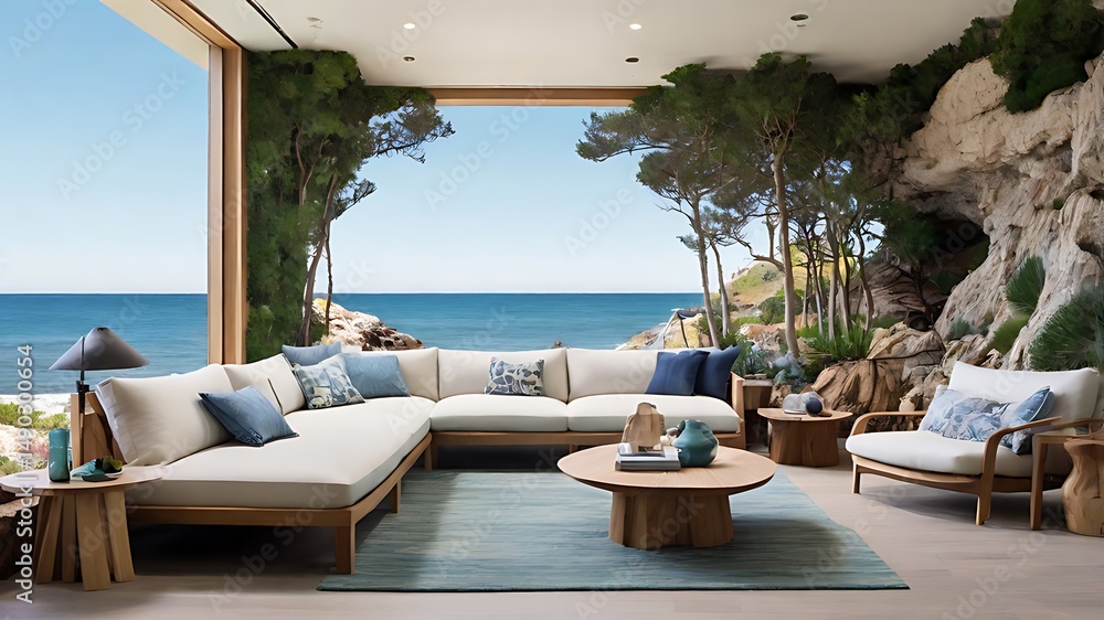 Fototapeta premium Luxury coastal living room with ocean view wooden furniture and modern design elements.
