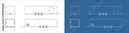 vector 28' trailer line art draw 8.5x28 feet blueprint wireframe from all view front side back isolated in transparent background
