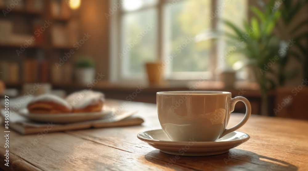 Fototapeta premium Ceramic coffee cup mockup with paper label on wooden table