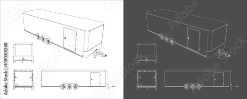 set of 28' trailer enclosed line art 8.5x28 feet draw blueprint wireframe from all side view. isolated on transparent background
