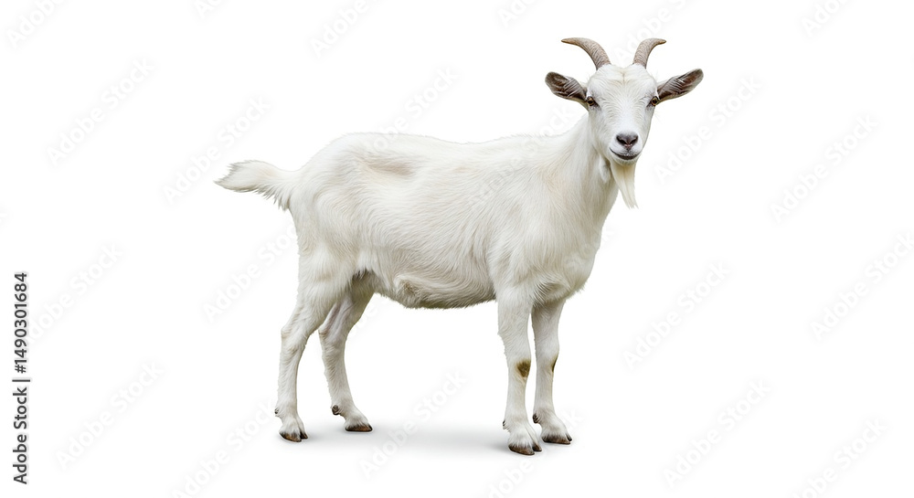 Fototapeta premium AI-generated image of a white goat standing against a clean white background. The goat is facing forward.