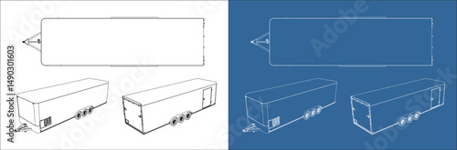Set Outline of a 28' trailer enclosed from various angles.  Vector blueprint isolated on a transparent background
