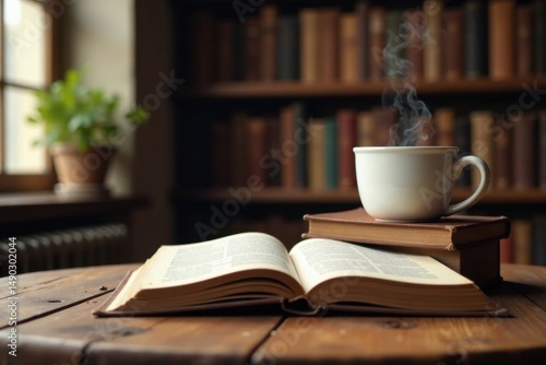 Wallpaper Mural A steaming cup of tea rests atop a stack of vintage books, open pages inviting a quiet moment of reading in a cozy library setting. Torontodigital.ca