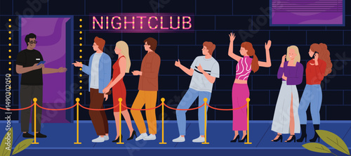 Queue of people guests at nightclub entrance, face control by security guard. Diverse crowd of young characters in fashion dresses waiting for party or concert in club cartoon vector illustration