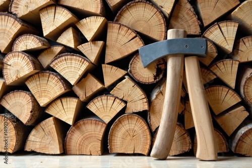 Wallpaper Mural A pair of sturdy axes rests before a stack of neatly arranged firewood, ready for the winter season Torontodigital.ca