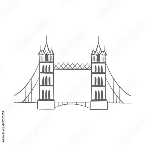 Tower Bridge in London outline vector icon. Hand drawn illustration of landmark or tourist attraction on white background. Traveling, vacation, sightseeing, tourism concept. Vector illustration