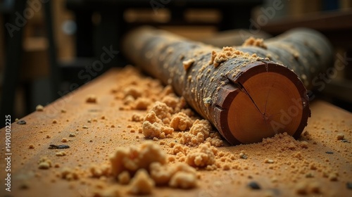 Wallpaper Mural A freshly cut log rests on a workbench, surrounded by sawdust and wood shavings. The texture of the wood is rough and the end grain is clearly visible. Torontodigital.ca