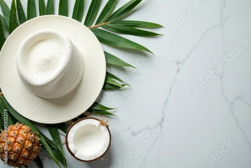 Wallpaper Mural Tropical Summer Essentials  White Panama Hat, Palm Fronds, Coconut, and Pineapple on Marble Torontodigital.ca