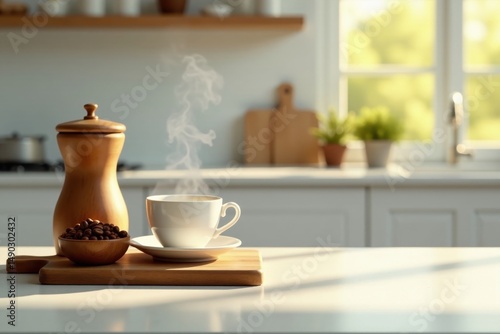 Wallpaper Mural Morning Kitchen Aromatic Coffee Steaming in a White Mug, Beside Roasted Beans and a Wooden Container on a Sunny Countertop Torontodigital.ca