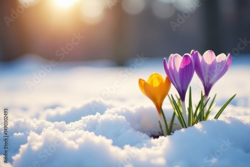 Wallpaper Mural Delicate Spring Crocuses Emerging Through a Blanket of Pristine Winter Snow, Illuminated by Warm Sunlight Torontodigital.ca