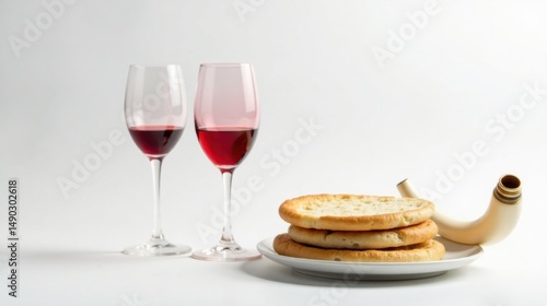 Wallpaper Mural Two glasses of red wine accompany a stack of freshly baked flatbreads and a decorative horn on a pristine white surface. Torontodigital.ca