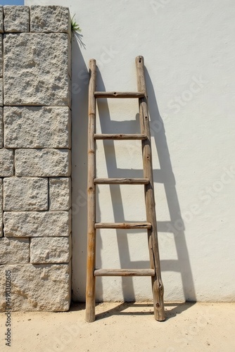 Wallpaper Mural Rustic Wooden Ladder Leaning Against a Light Stone Wall in Bright Sunlight Casting a Long Shadow Torontodigital.ca