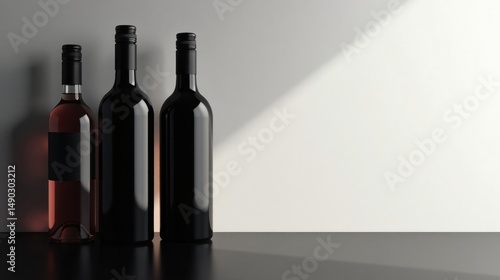 Wallpaper Mural Three elegant wine bottles, minimalist setting, dark glass,  rose and red wine, blank labels, simple background, perfect for product display Torontodigital.ca
