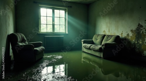 Wallpaper Mural Sunlit Room Submerged in Murky Water Abandoned Furniture, Damaged Walls, and a Gloomy Atmosphere Torontodigital.ca