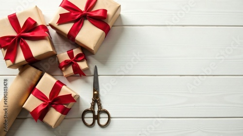 Wallpaper Mural Artisanal Gift Wrapping Preparation  Elegant Red Ribbons Adorn Kraft Paper Presents on a White Wooden Surface Torontodigital.ca