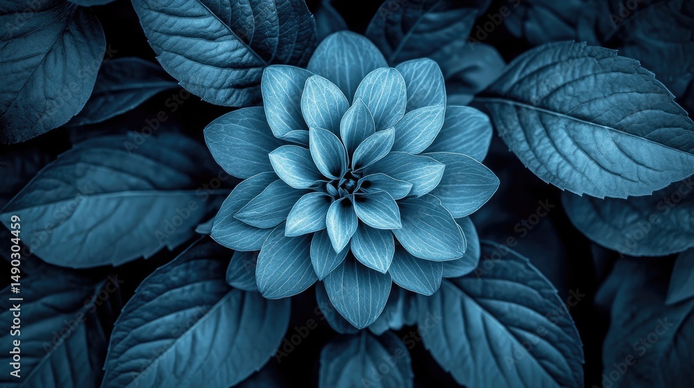 Close-up view of a deep blue flower amidst foliage. Close-up view of a deep blue flower amidst foliage.