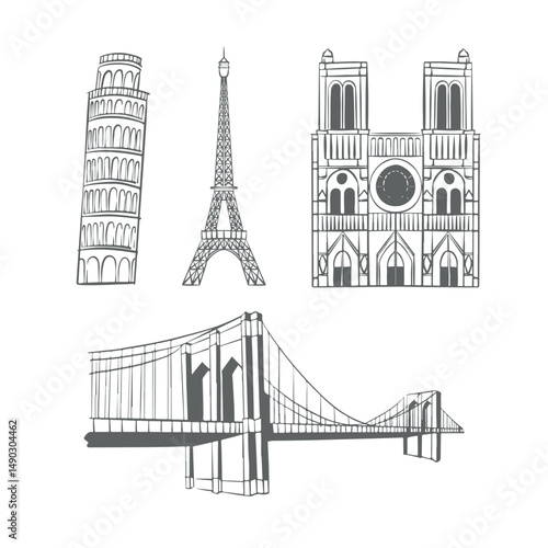 Line attractions of world. World Landmarks. Buildings sketch. Set of landmarks from different countries. Eiffel Tower, Notre Dame de Paris, Tower of Pisa, Brooklyn Bridge. Outline flat vector