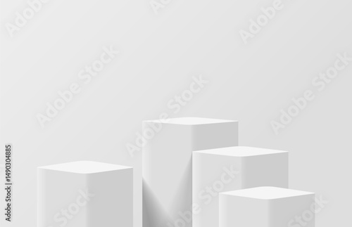 Realistic white 3d cube podium pedestal or product display stand. Minimal wall scene for product display presentation. Vector geometric platform. Stage for showcase. 3D vector rendering.