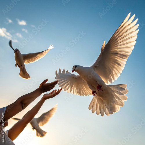 A symbolic image of white doves being released from human hands against a clear blue sky with warm sunlight, ultra hd, 16:9 ratio, sharp focus on feather details and wing motion, natural lighting

